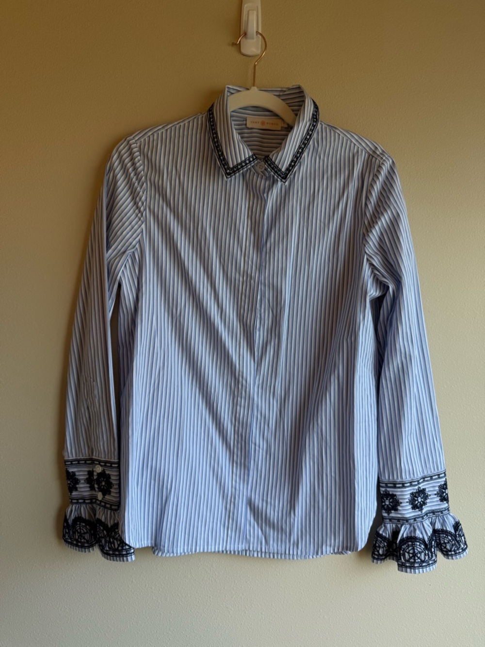Tory Burch Blue & White Striped Button-Down with Lace Trim